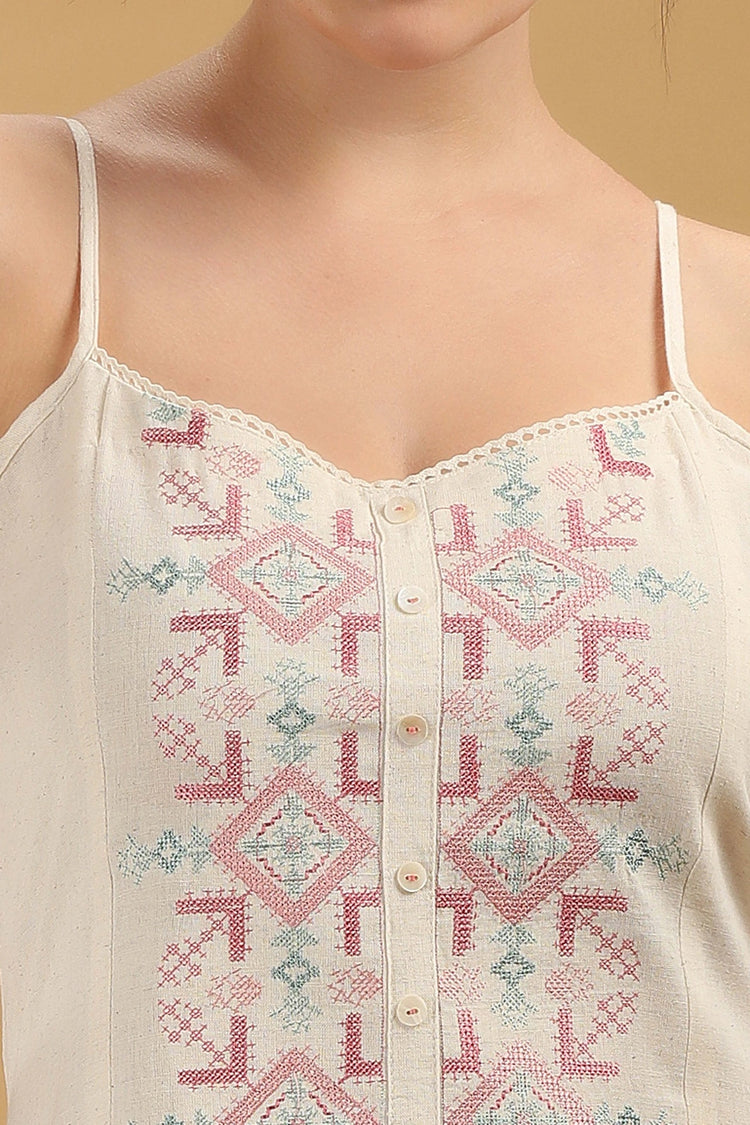 Cream Embroidered Flex Cotton A Line Sleeveless Kurta Pant Co Ord Set for women