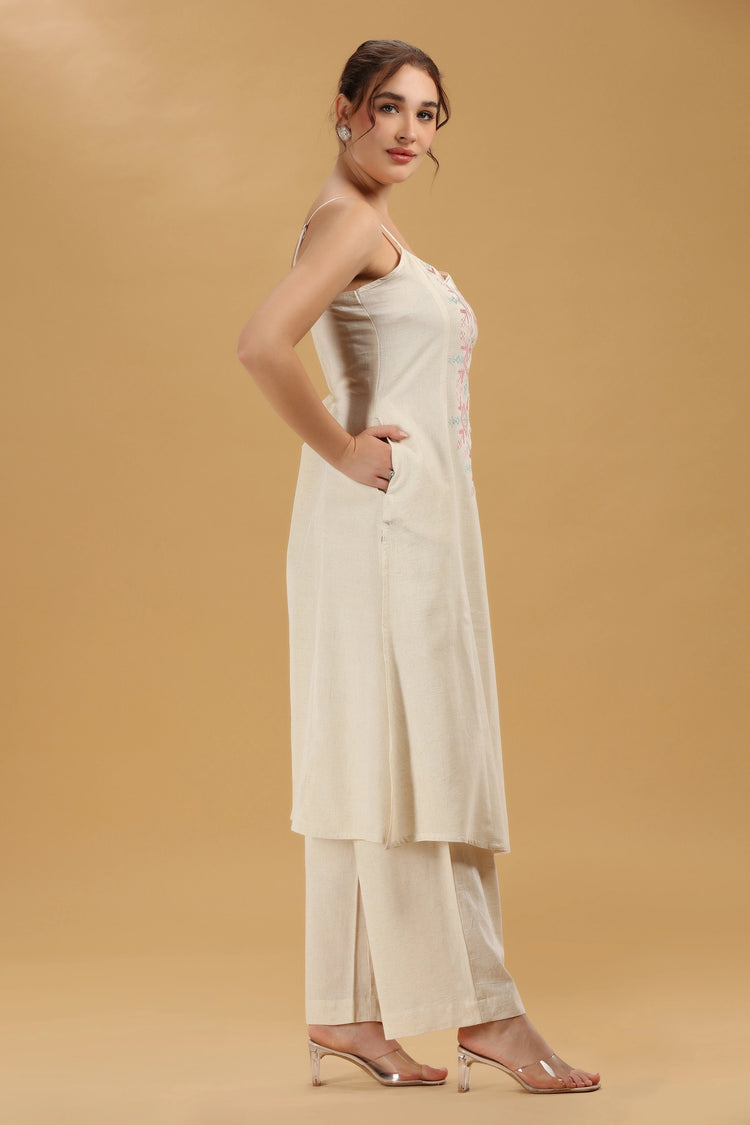 Cream Embroidered Flex Cotton A Line Sleeveless Kurta Pant Co Ord Set for women