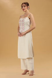 Cream Embroidered Flex Cotton A Line Sleeveless Kurta Pant Co Ord Set for women