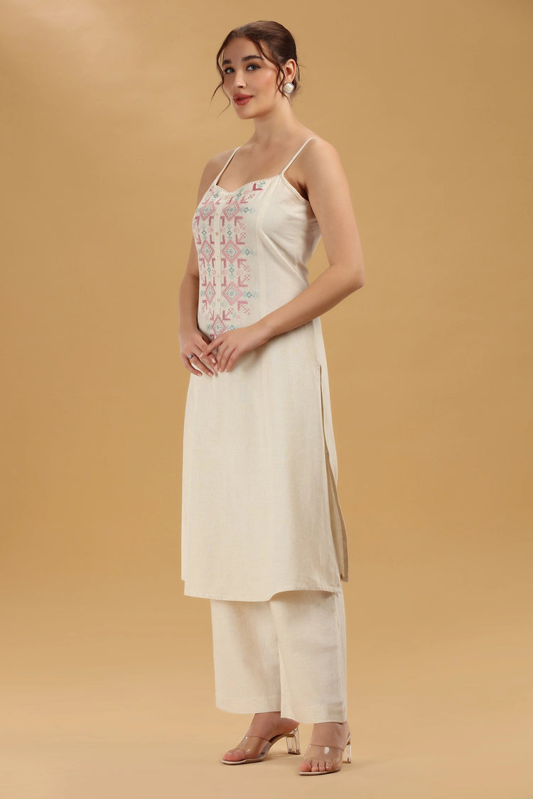 Cream Embroidered Flex Cotton A Line Sleeveless Kurta Pant Co Ord Set for women