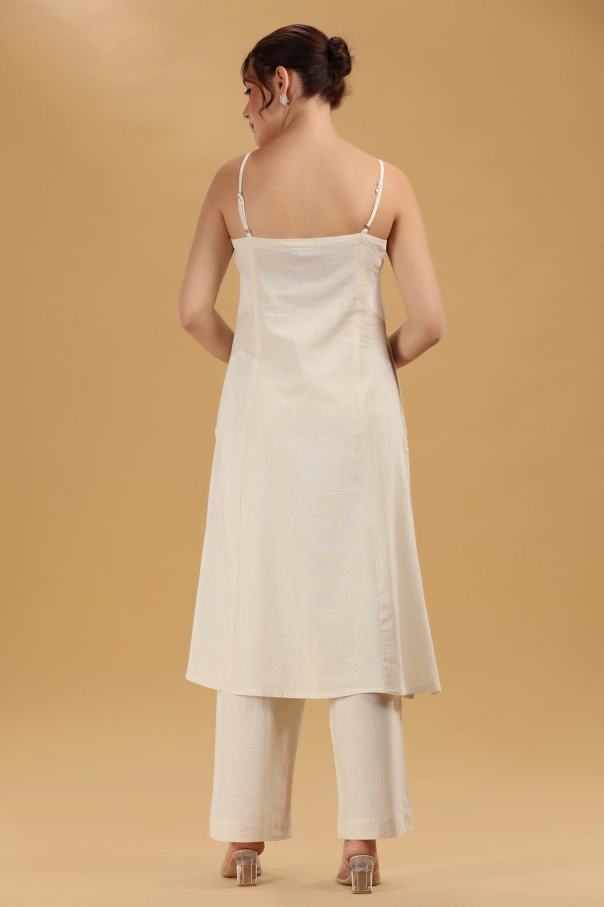 Cream Embroidered Flex Cotton A Line Sleeveless Kurta Pant Co Ord Set for women