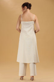 Cream Embroidered Flex Cotton A Line Sleeveless Kurta Pant Co Ord Set for women