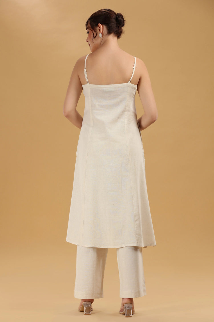 Cream Embroidered Flex Cotton A Line Sleeveless Kurta Pant Co Ord Set for women