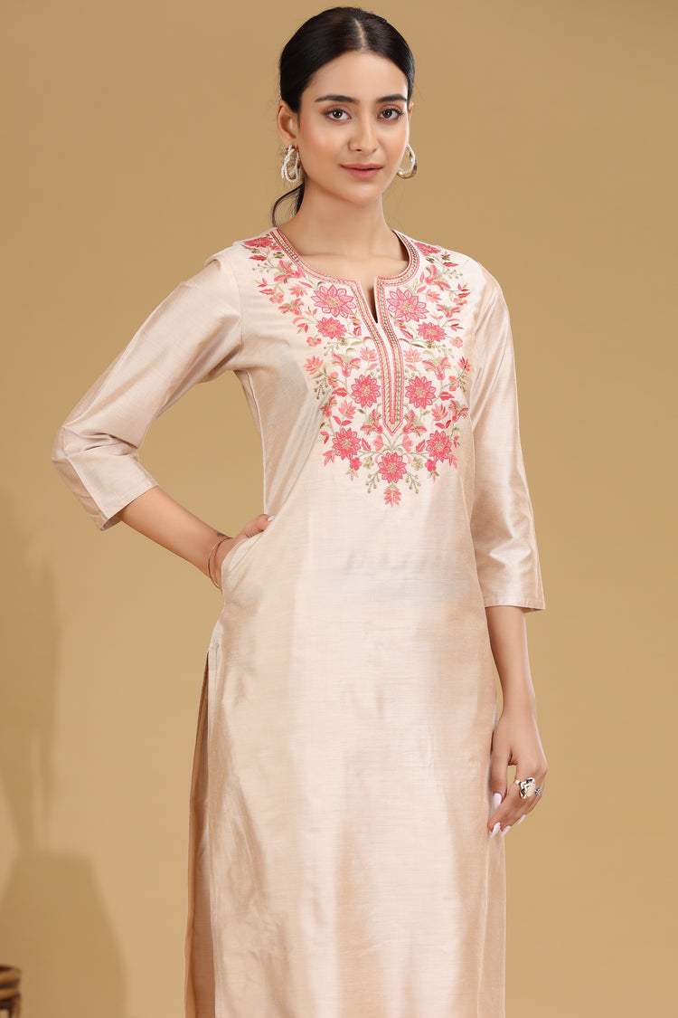 Cream Floral Embroidered Straight Co ord Set