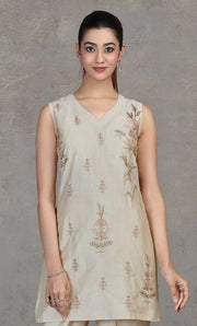 Cream Embroidered Straight Co-ord Set