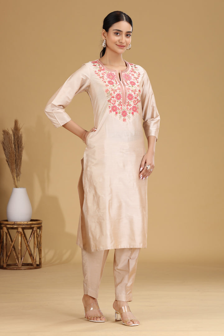 Cream Floral Embroidered Straight Co ord Set