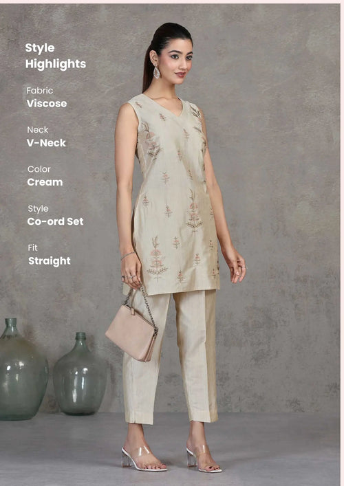 Cream Embroidered Straight Co-ord Set