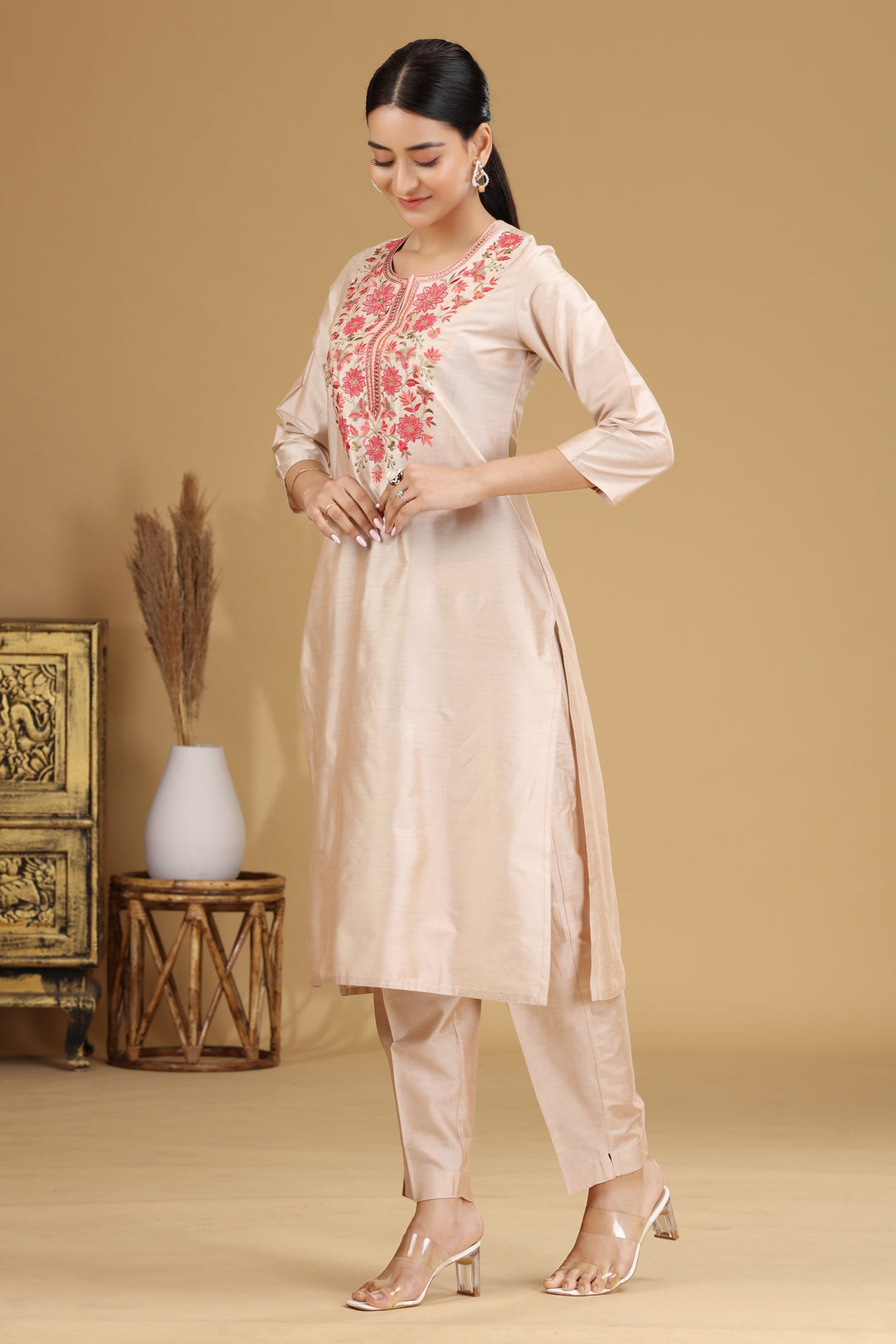 Cream Floral Embroidered Straight Co ord Set