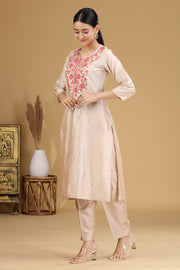 Cream Floral Embroidered Straight Co ord Set