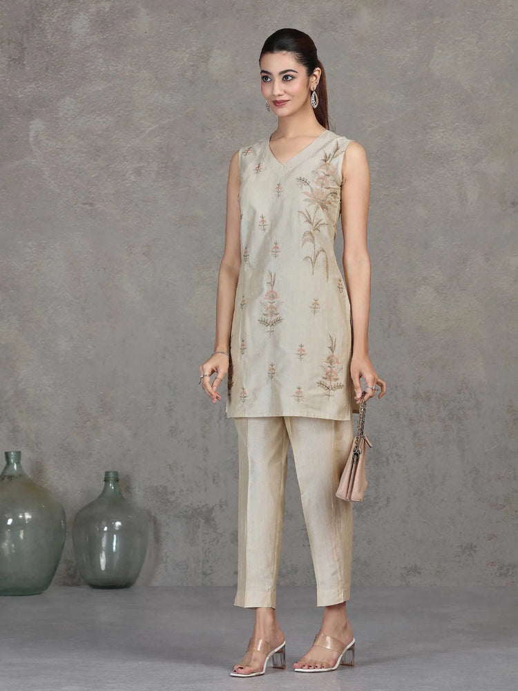 Cream Embroidered Straight Co-ord Set