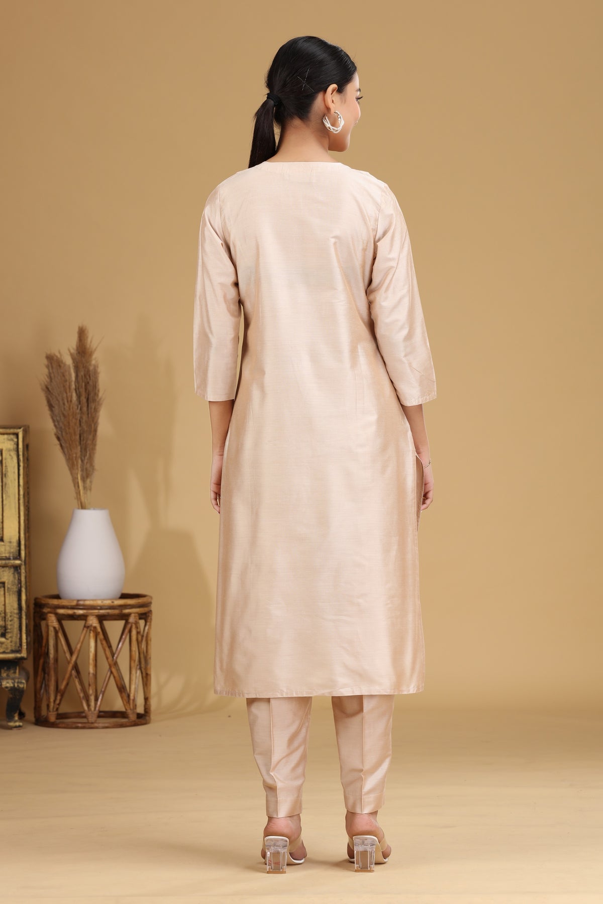 Cream Floral Embroidered Straight Co ord Set