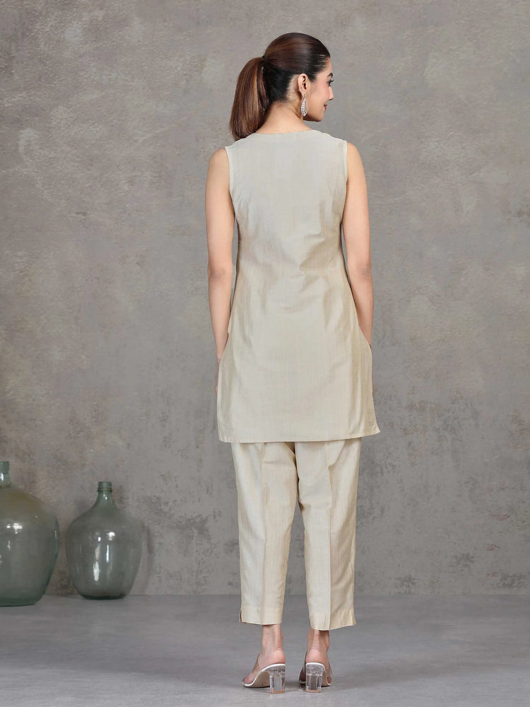 Cream Embroidered Straight Co-ord Set
