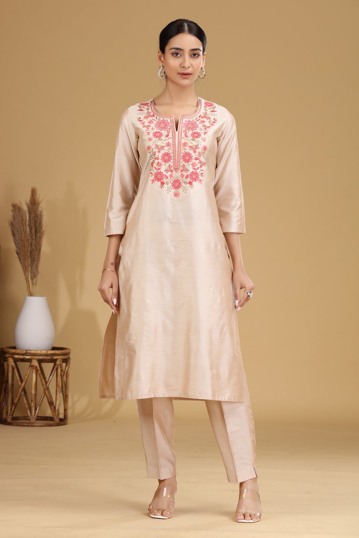 Cream Floral Embroidered Straight Co ord Set