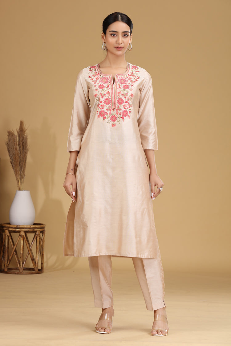 Cream Floral Embroidered Straight Co ord Set