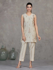 Cream Embroidered Straight Co-ord Set