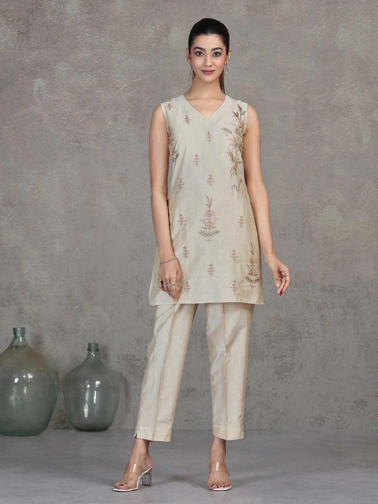 Cream Embroidered Straight Co-ord Set