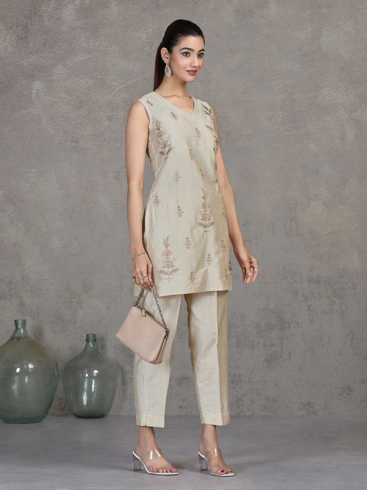 Cream Embroidered Straight Co-ord Set