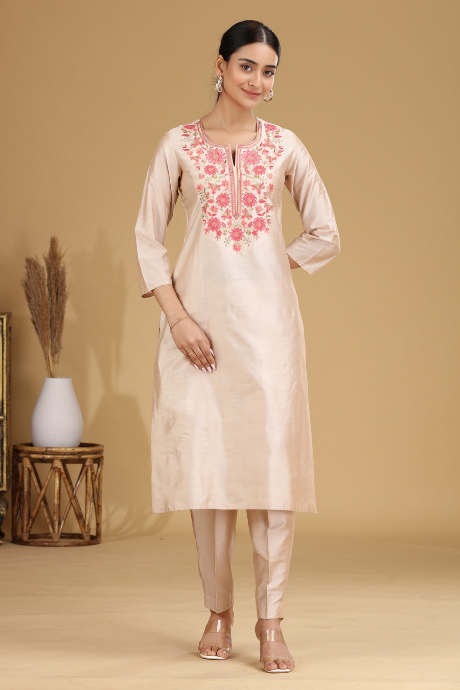 Cream Floral Embroidered Straight Co ord Set