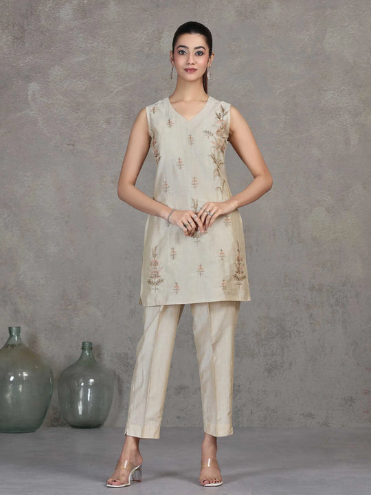 Cream Embroidered Straight Co-ord Set