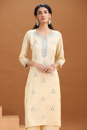 Cream Embroidered Straight Cotton Co-ord Set