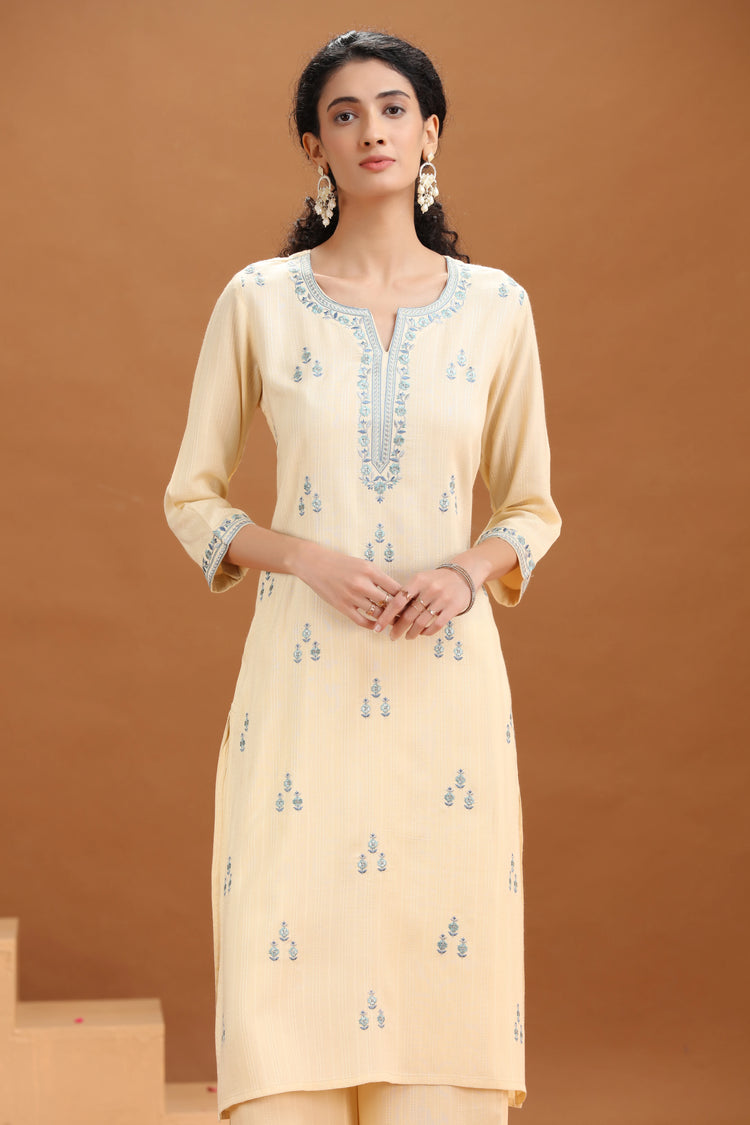 Cream Embroidered Straight Cotton Co-ord Set