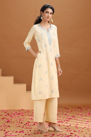 Cream Embroidered Straight Cotton Co-ord Set