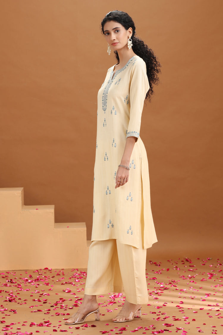 Cream Embroidered Straight Cotton Co-ord Set