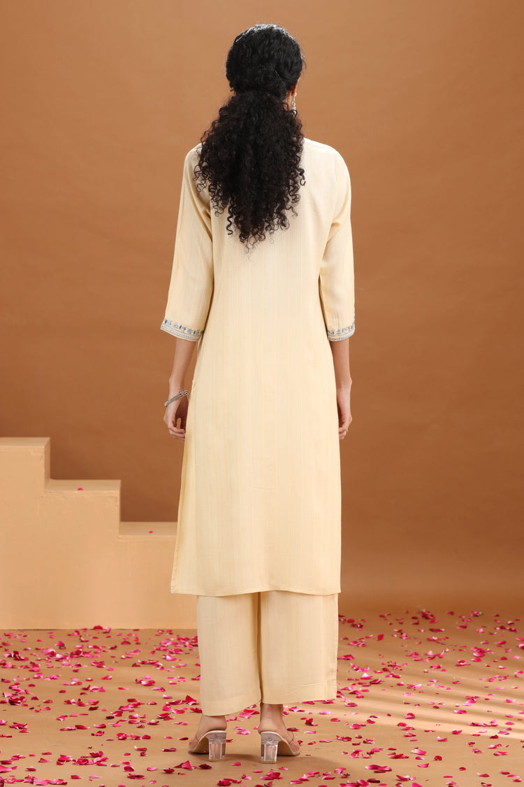 Cream Embroidered Straight Cotton Co-ord Set