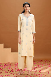 Cream Embroidered Straight Cotton Co-ord Set
