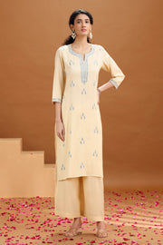 Cream Embroidered Straight Cotton Co-ord Set