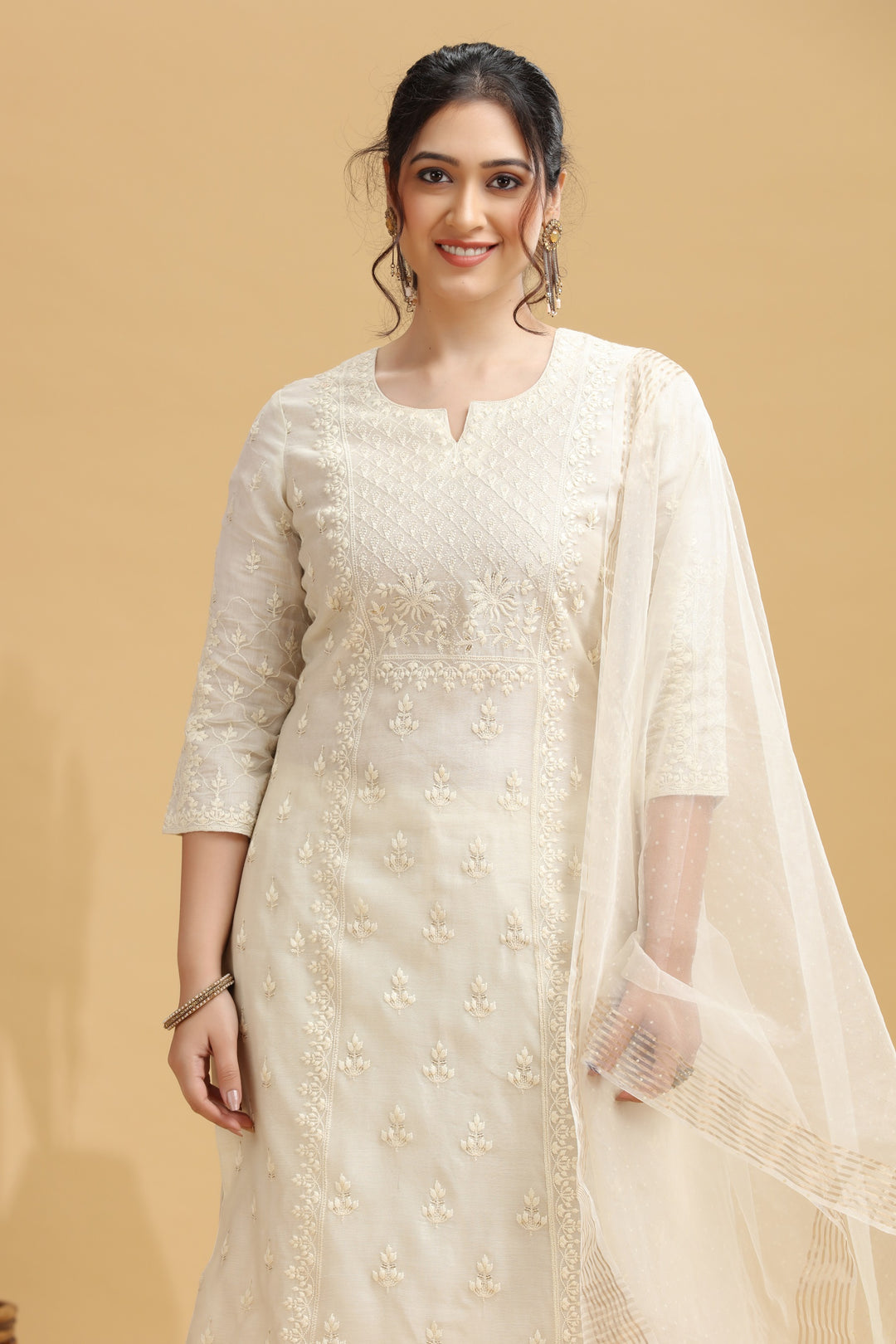 Cream Embroidered Straight Ethnic Set