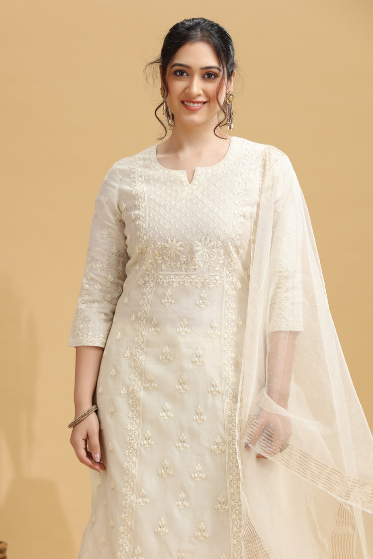 Cream Embroidered Straight Ethnic Set
