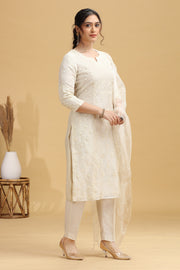 Cream Embroidered Straight Ethnic Set