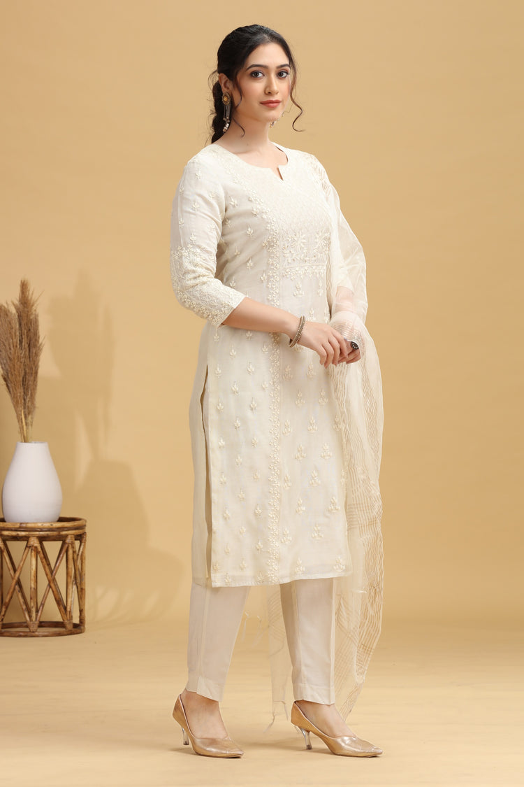 Cream Embroidered Straight Ethnic Set