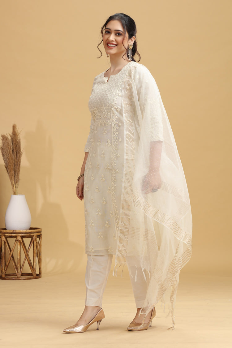 Cream Embroidered Straight Ethnic Set