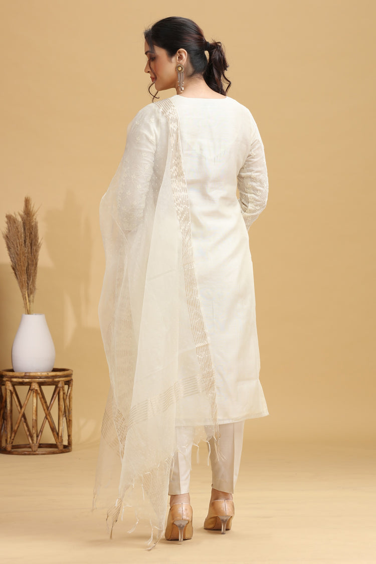 Cream Embroidered Straight Ethnic Set