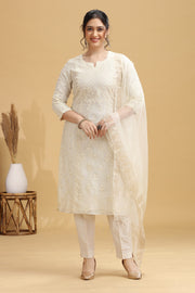 Cream Embroidered Straight Ethnic Set