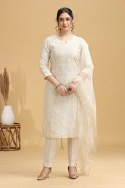 Cream Embroidered Straight Ethnic Set