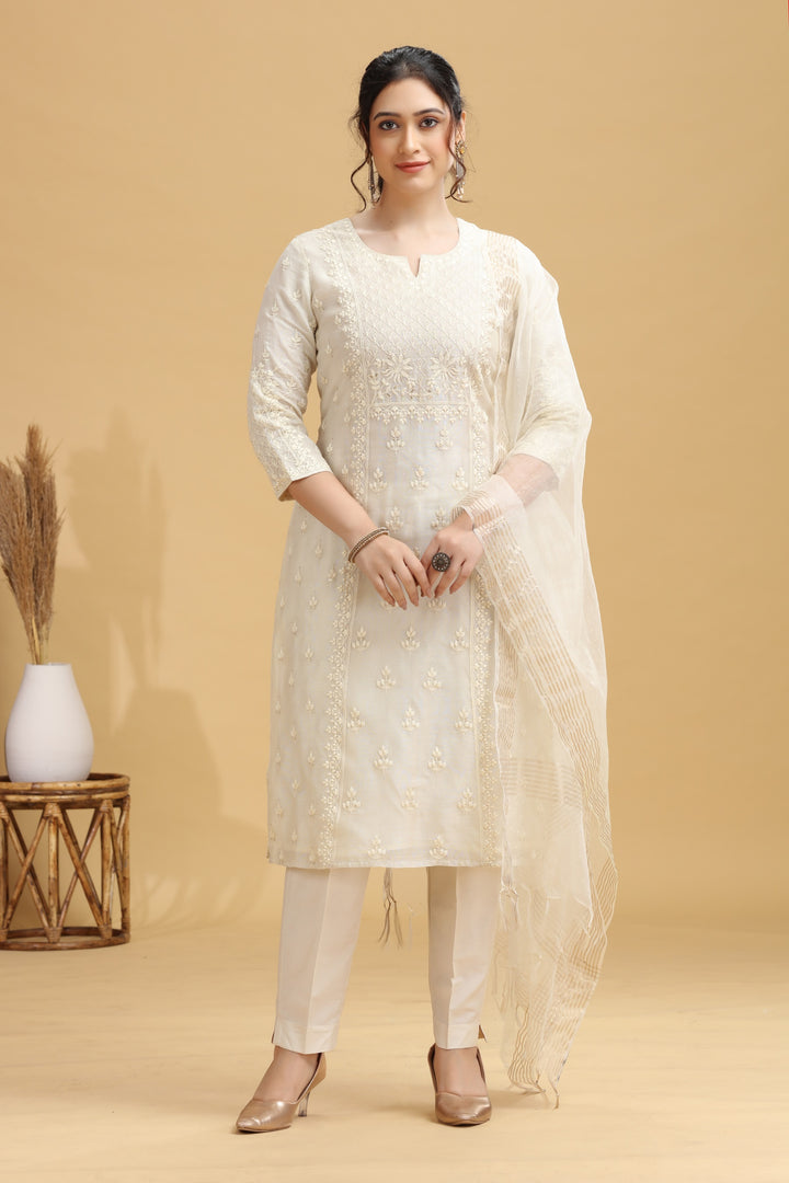 Cream Embroidered Straight Ethnic Set