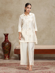 Cream Floral Embroidered Straight Co-ord Set