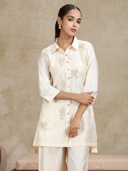 Cream Floral Embroidered Straight Co-ord Set