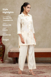 Cream Floral Embroidered Straight Co-ord Set
