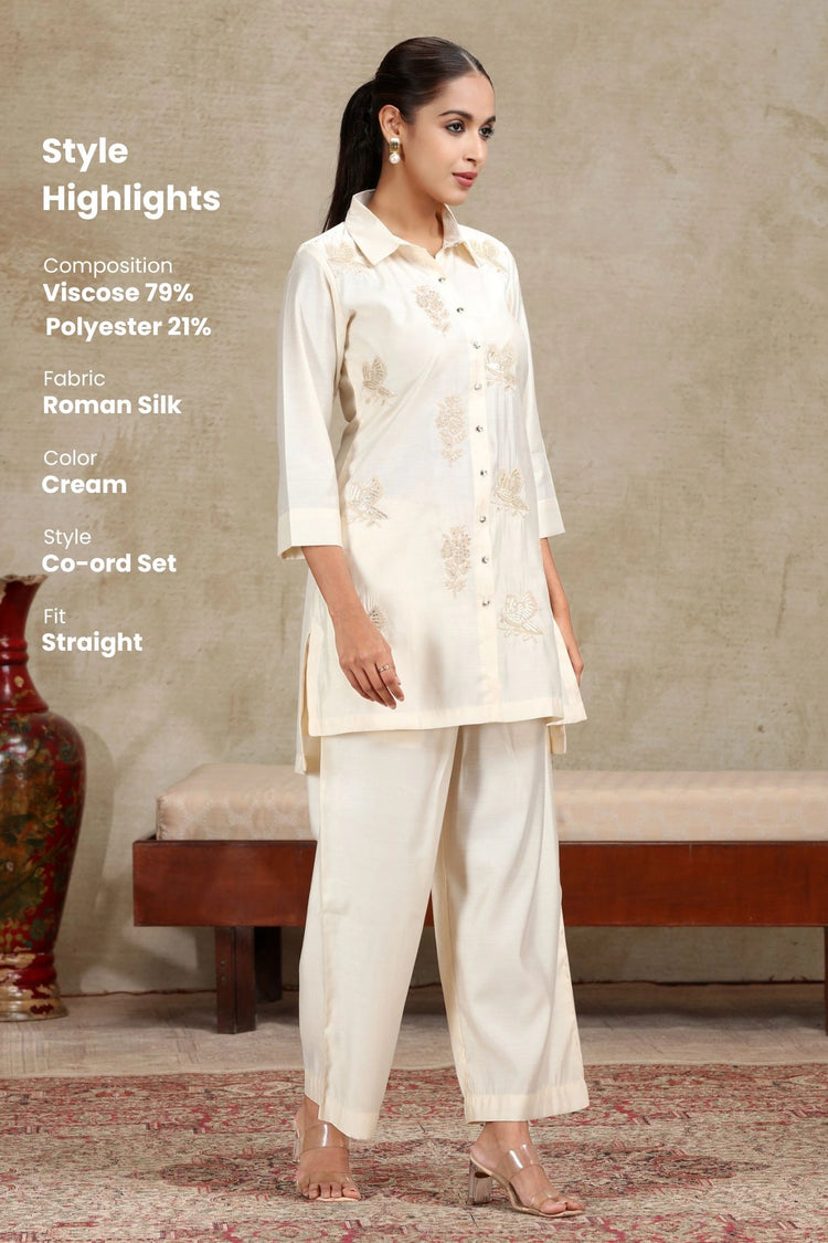 Cream Floral Embroidered Straight Co-ord Set