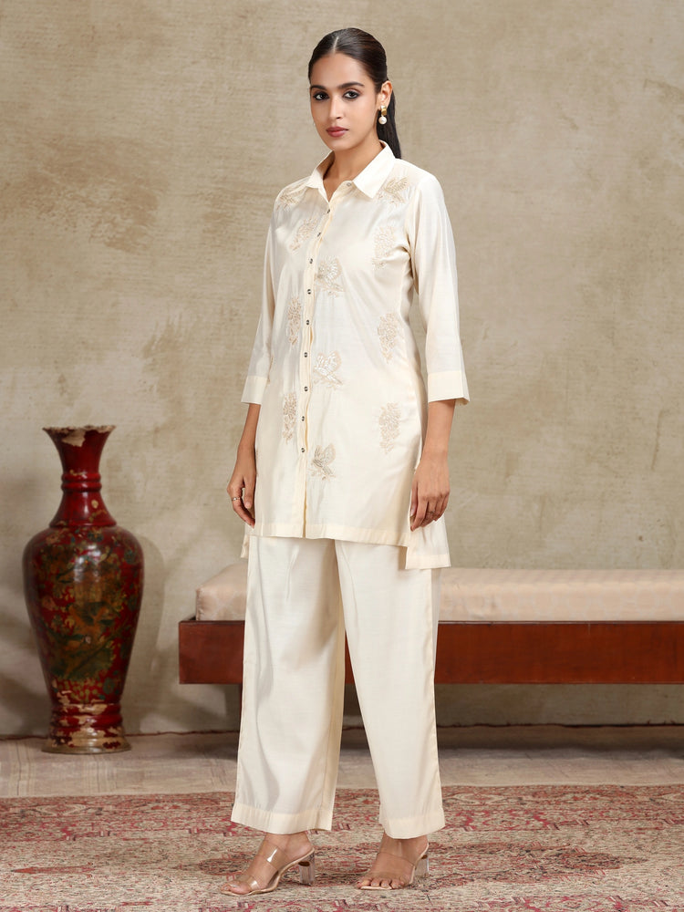 Cream Floral Embroidered Straight Co-ord Set