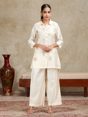 Cream Floral Embroidered Straight Co-ord Set