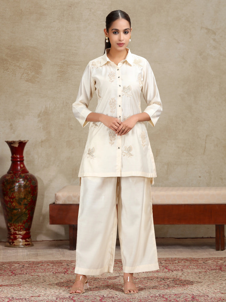 Cream Floral Embroidered Straight Co-ord Set