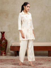 Cream Floral Embroidered Straight Co-ord Set