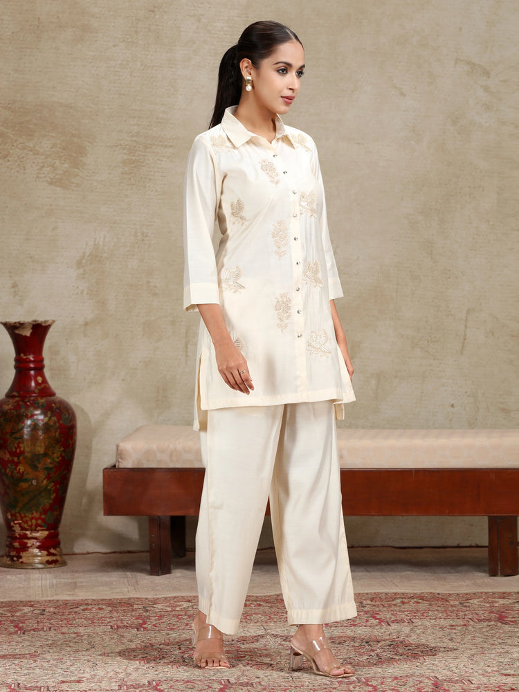 Cream Floral Embroidered Straight Co-ord Set