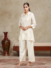 Cream Floral Embroidered Straight Co-ord Set