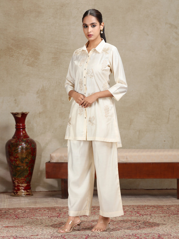 Cream Floral Embroidered Straight Co-ord Set